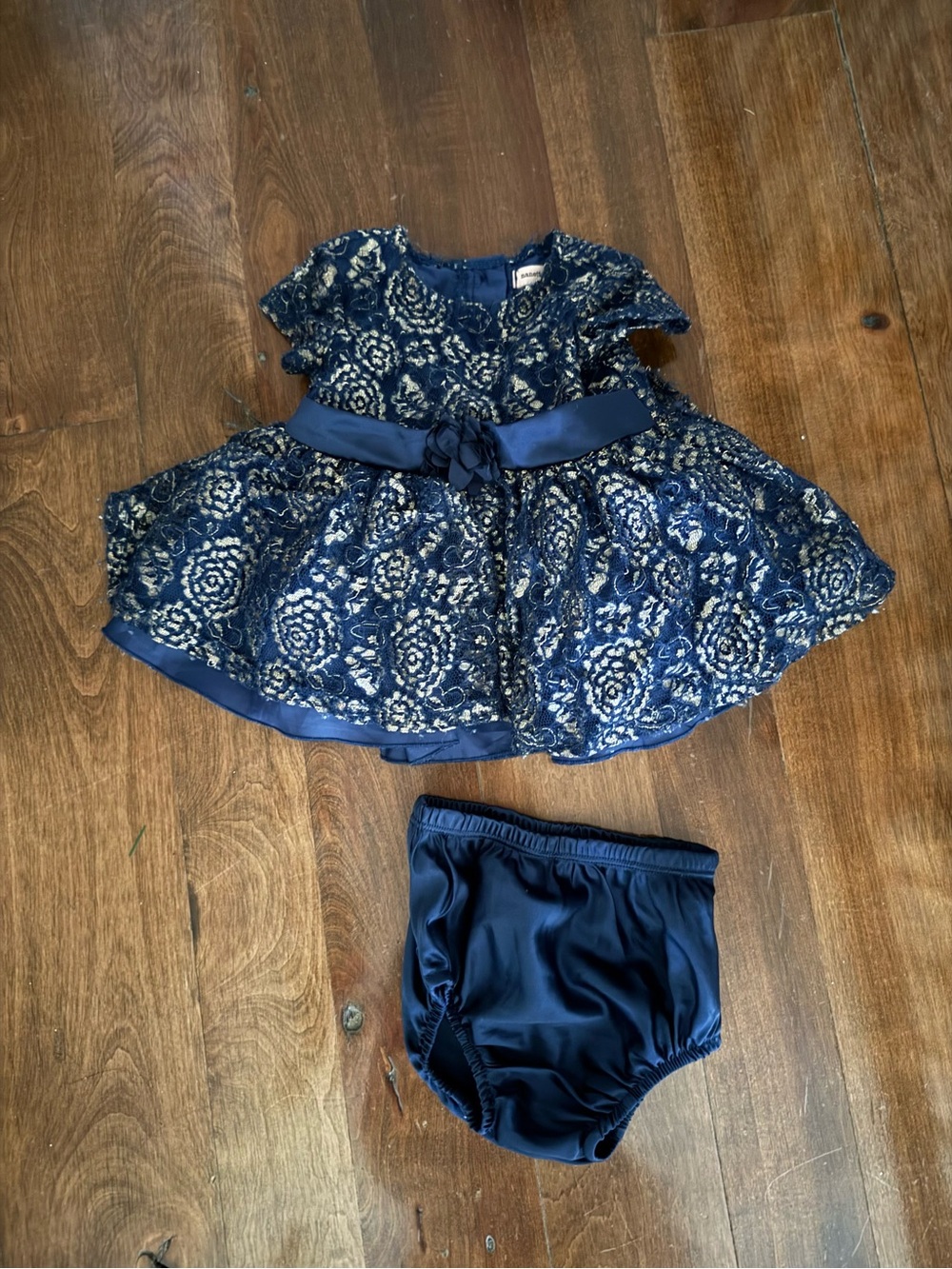 Fancy baby dress Nanette Lepore brand navy with gold roses 6 months